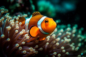 Fototapeta na wymiar Clown fish or anemone fish, swimming in crystal clear water. Generative AI.