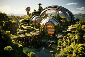 Green eco friendly  futuristic city with sustainable and renewable energy, environment and technology concept, generative AI
 - obrazy, fototapety, plakaty