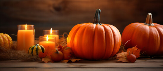 Closeup of pumpkins and burning candles
