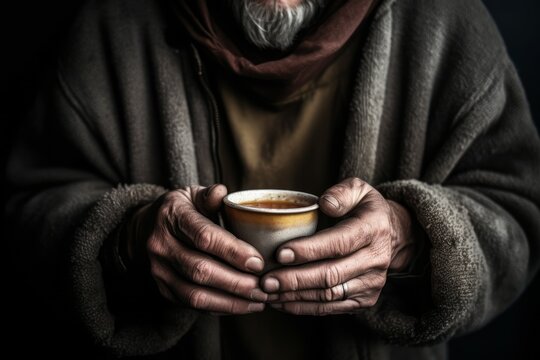 Homeless man hands food. Generate Ai