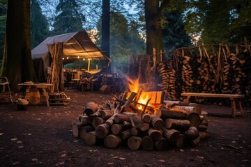Fototapeta na wymiar campfire site with logs and kindling ready