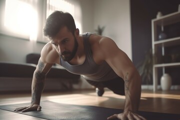 Fototapeta na wymiar Man morning fitness push ups. Generate Ai