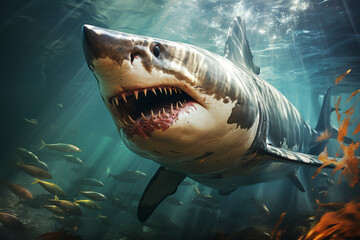 Obraz premium Megalodon shark, prehistoric sea creature, predator of pliocene, extinct species, generative AI 