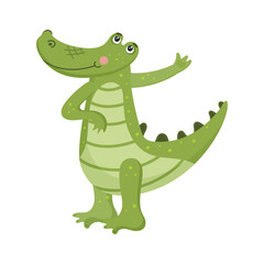 Cartoon alligator, smiling childish crocodile, reptile animal, zoo, comic, jungle, green, cute happy character, wild friendly toy. Isolated on white background. Vector illustration.
