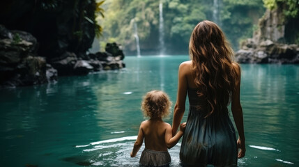 Back view of young mother and her little daughter standing in front of waterfall jungle in Bali, Indonesia.