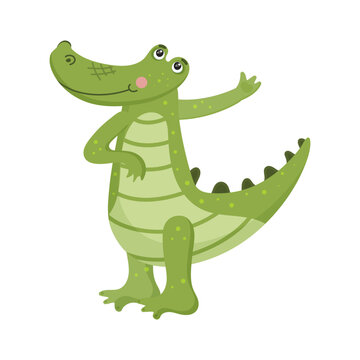 Cartoon alligator, smiling childish crocodile, reptile animal, zoo, comic, jungle, green, cute happy character, wild friendly toy. Isolated on white background. Vector illustration.