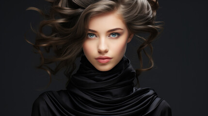 Fototapeta premium Portrait of a beautiful young woman in black with long wavy hair.