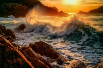 Coastal landscape at sunset, waves crashing on the rocks. Generative AI.