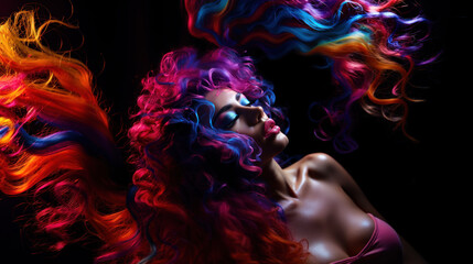 Beautiful young woman with colorful hair on black background.