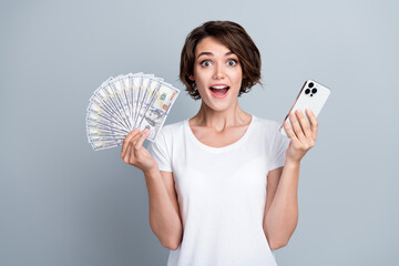 Portrait of crazy astonished girl open mouth hold smart phone dollar bills banknotes isolated on grey color background