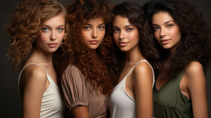 Obraz premium Group of four beautiful young women with long curly hair. Studio shot.