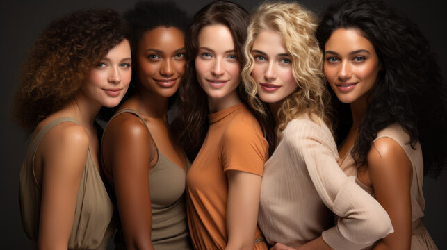 Group of five beautiful women with different hairstyles,bodies and skins posing in studio.