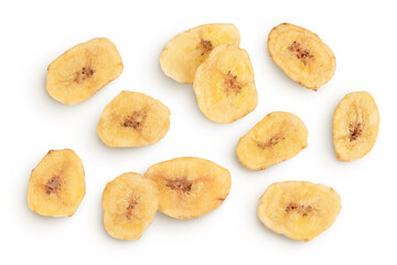 Dried banana chips isolated on white background with full depth of field. Top view. Flat lay