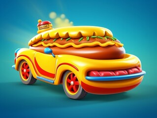 3D Fast Food Hot Dog Delivery truck street food festival symbol with hot dog in cartoon style generative ai