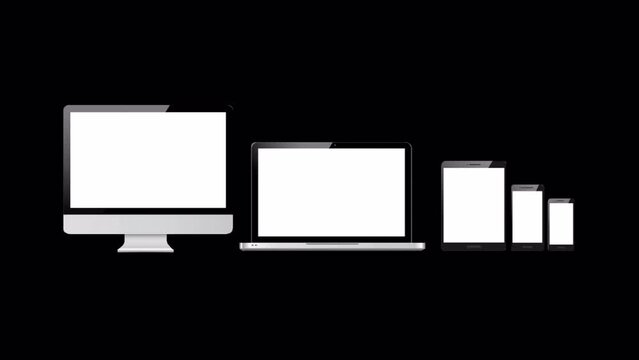 Appearance of different types of screens: smartphone, tablet, laptop on isolated background (flat design). Template for placing information on device screens.