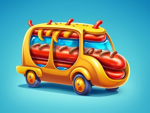 3D Fast Food Hot Dog Delivery truck street food festival symbol with hot dog in cartoon style generative ai