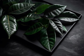 Sleek black surface with rubber plant leaves, Monochrome flat lay, 
