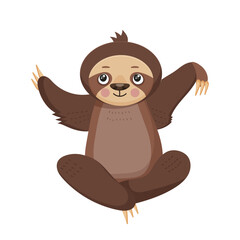 Cute cartoon character. Funny animal. Bear, mammal. Slow sloth. Childish art. Wildlife decorative beast. Fluffy brown sloth. Adorable drawing. Isolated on white background. Vector illustration