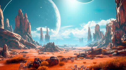Retro futuristic Sci-fi wallpaper. Alien planet landscape. Breathtaking panorama of a desert planet with strange rock formations against background of beautiful sky with clouds.