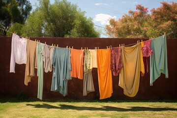 tightly stretched clothesline with variety of fabrics