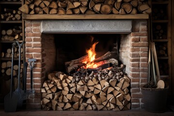 fireplace with stacked firewood ready to burn