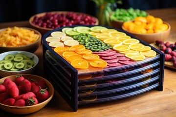 dehydrator with colorful fruit slices on trays
