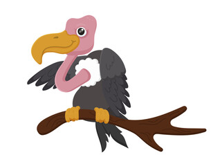 Cartoon vulture. Cute bird character. Wild nature flying carnivore. Black feather design. Pink neck. Funny wilderness, Sitting on branch. Isolated on white background. Vector illustration