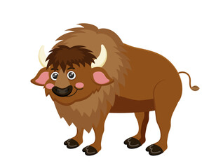 Obraz na płótnie Canvas Cartoon yak. Cute animal character. Brown wild mammal. Zoo cow. Shaggy buffalo. Large bison. Single ox. Big standing ox. Fun farm. Pet art. Isolated on white background. Vector illustration