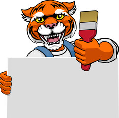 A tiger painter decorator handyman cartoon construction man mascot character holding a paint brush tool