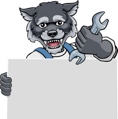 A wolf handyman, mechanic, plumber or other construction cartoon mascot man holding a wrench or spanner tool.