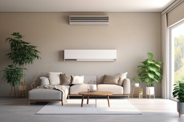 smart air conditioner on living room wall, turned on