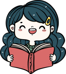 Cheerful Student girl reading book vibrant cartoon Doodle. Back to School kid.