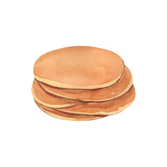 Watercolor dessert, baked stack of tasty pancakes. Hand-drawn illustration isolated on white background. Perfect food menu, food drawing, design packing, print