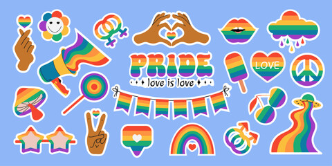Large set of LGBT stickers on a blue background. Symbol of the LGBT pride community. LGBT flat style icons and slogan collection. Rainbow elements.