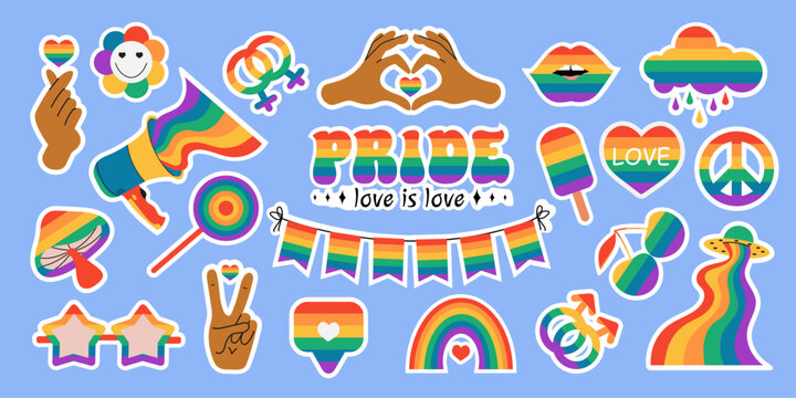 Naklejka Large set of LGBT stickers on a blue background. Symbol of the LGBT pride community. LGBT flat style icons and slogan collection. Rainbow elements.