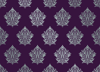 Damask floral green motif pattern on a purple background. Luxury wallpaper texture ornament decor. Baroque Textile, fabric, tiles.