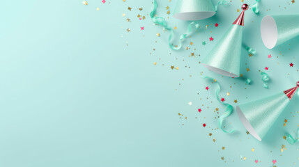 Birthday party decoration hat and confetti on blue background. Top view.Copy space. Created with Generative AI technology.