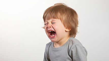 Cute nice little baby boy, crying baby upset, Screaming baby, on white background