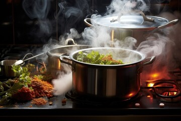 steamer in action, steam rising from pot on stove - obrazy, fototapety, plakaty