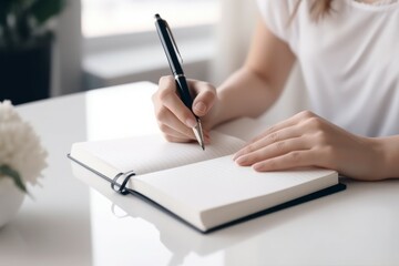 Woman writing notebook. Generate Ai - obrazy, fototapety, plakaty
