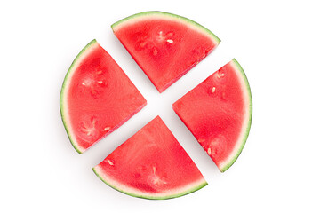 Red seedless watermelon slices isolated on white background. Top view. Flat lay
