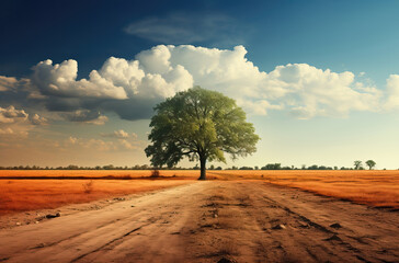 Landscape, a lonely tree in a field during a dry season.