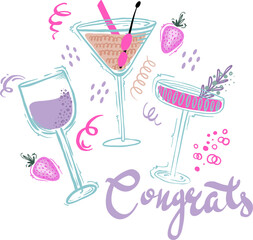 Congrats. Party print with cocktails and bottle of wine, flowers and palm leaves for t-shirt, clothing, cards, message and more design.