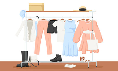 Woman dressing room interior, home design, fashion clothes, hanger. Pink, blue dress, white jacket, shoes, boots, hat, shorts, cap. Girl accessory, modern apartment. Vector illustration.