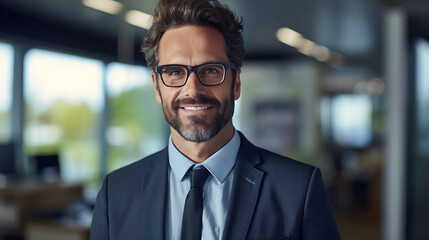 Middle aged businessman, confident businessman standing in front of office, smiling at camera. Created with Generative AI technology.