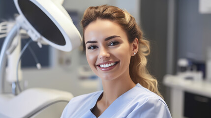 Female dentist smiling in the background of a dental office. Created with Generative AI technology.