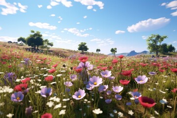 Beautiful meadow with pink and white poppies and trees