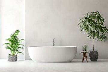 Obraz na płótnie Canvas Minimalist and modern interior design of bathroom with white bath tub and house plants