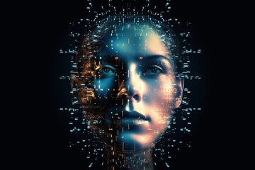Intersection of human face and artificial intelligence, where technology meets the intricacies of facial expressions and emotions, blurring the line between human and machine. Ai generated - 632925662