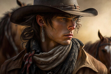 American western cowboy man or rancher with hat and strong appearance. Wild wild west sheriff. Ai generated - 632925840